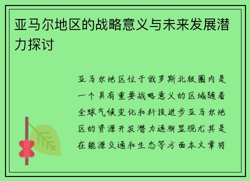亚马尔地区的战略意义与未来发展潜力探讨